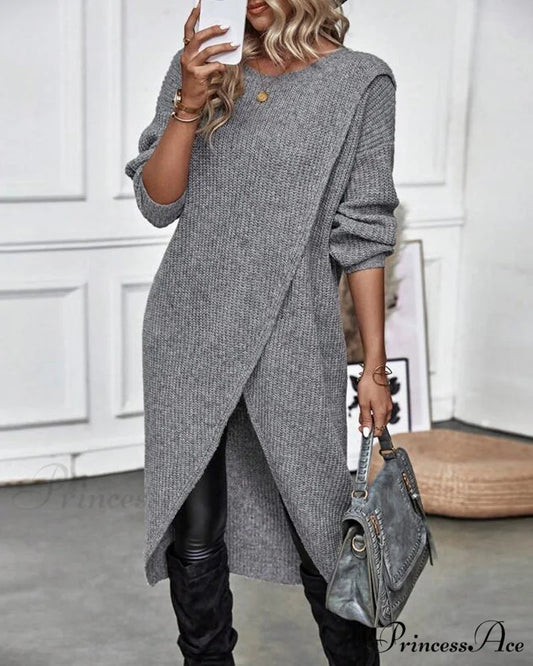 irregular with Solid color sweater dress hem Gray / S