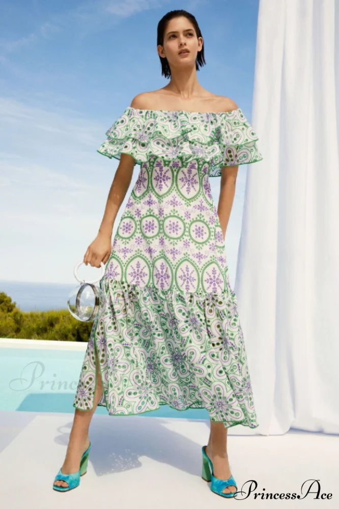 Isabella Elegant Long Dress S / Lilac/Green