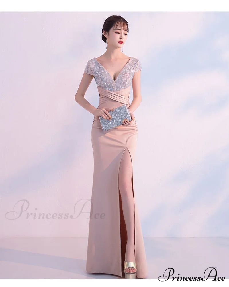 Isabella Formal Stylish High Slit Dress CHAMPAGNE / XS