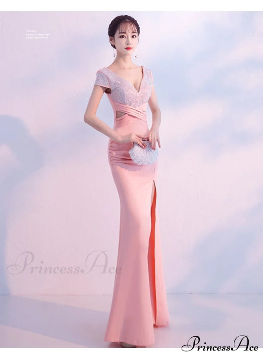 Isabella Formal Stylish High Slit Dress PINK / XS