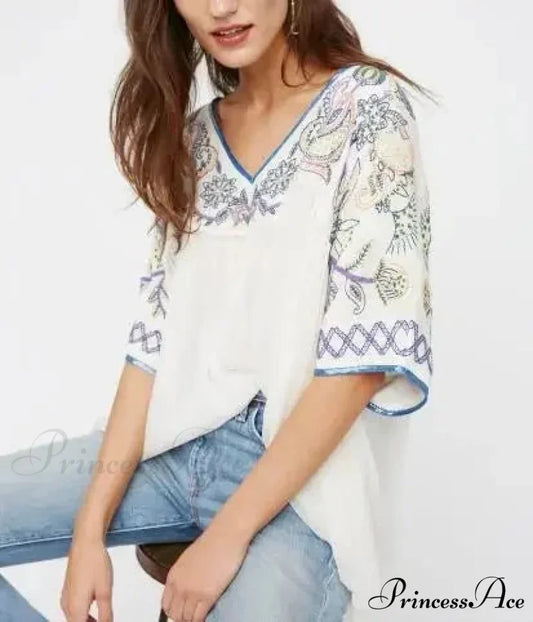 Ivory Cotton Rayon Beaded Floral Embroidered Bohemian Top WHITE / S bohoblouse-250126