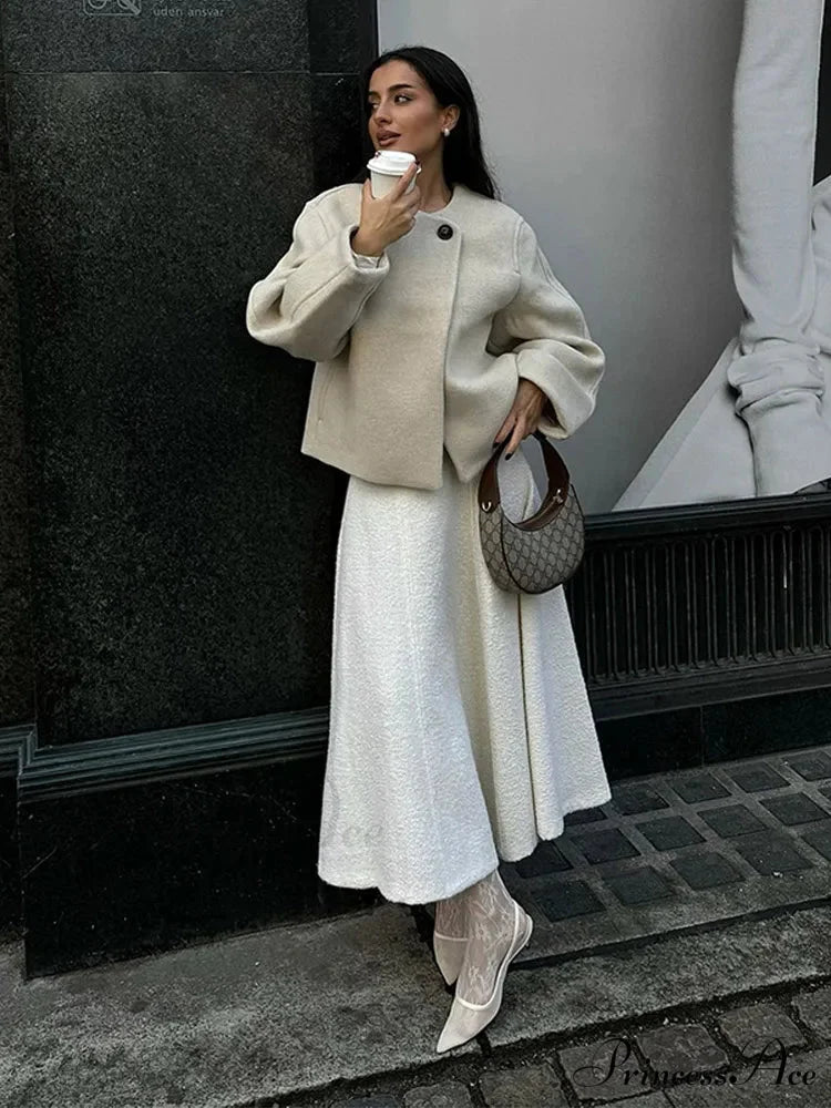 Ivory Extended Sleeve Woolen Overcoat coats-241228