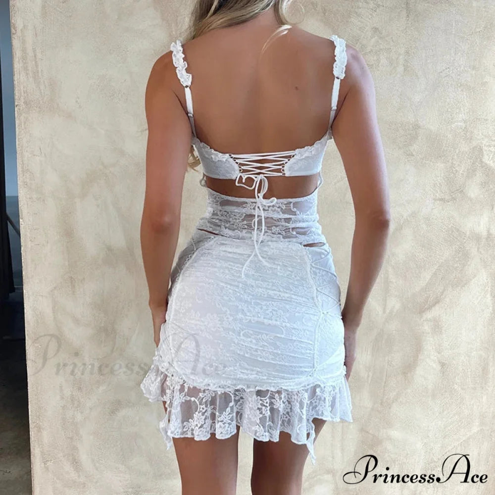 Ivory Flowery Lace 2 Piece Set Seductive Open-Back Tie Up Camis + Mini Skirt Wrap Body-Hugging Women Retro