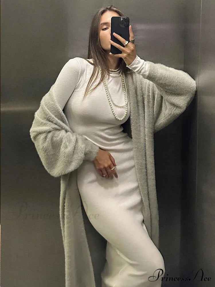 Ivory Knitted Cinched Style Cardigan Light Grey / S cardigans-241228