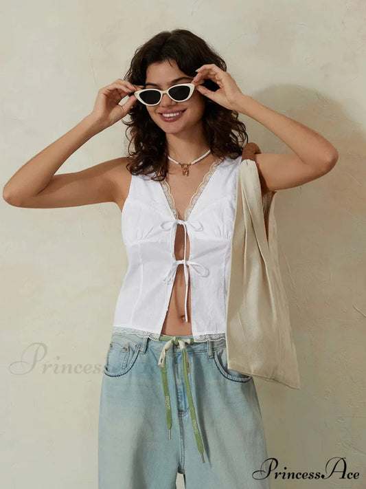 Ivory Lace Bind-front Low-cut Slim Sleeveless Crop Top croptop-250126