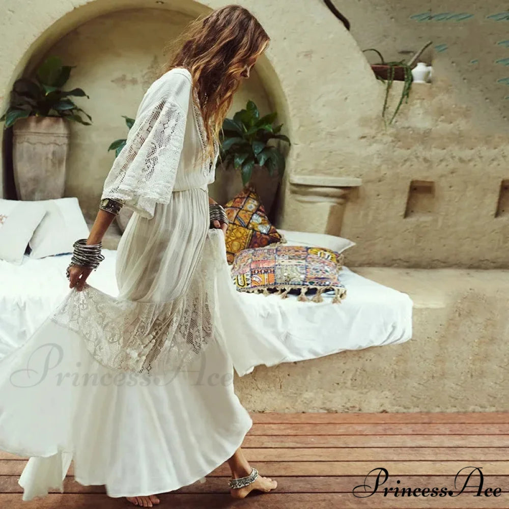 Ivory Lace Brief Sleeve Bohemian Dress White / One Size bohodress-250126
