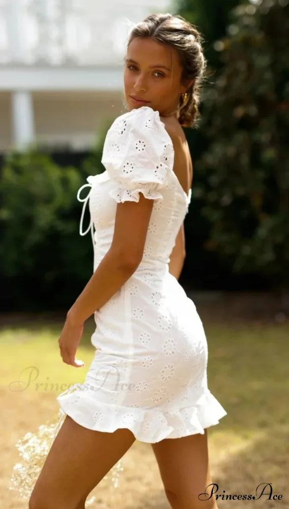 Ivory Lace Cotton Brief Sleeve Body-Hugging Mini Bohemian Dress bohodress-250126
