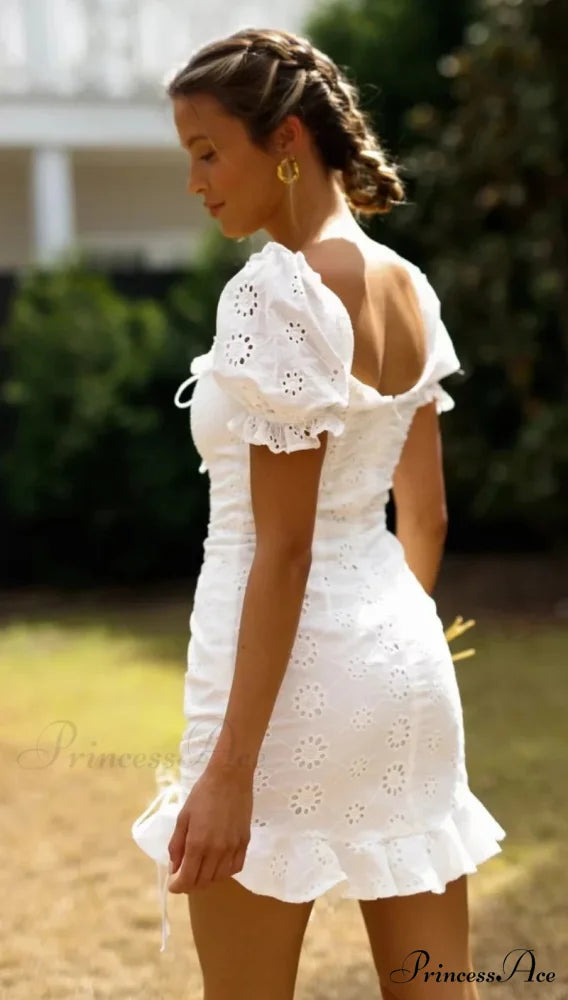 Ivory Lace Cotton Brief Sleeve Body-Hugging Mini Bohemian Dress bohodress-250126