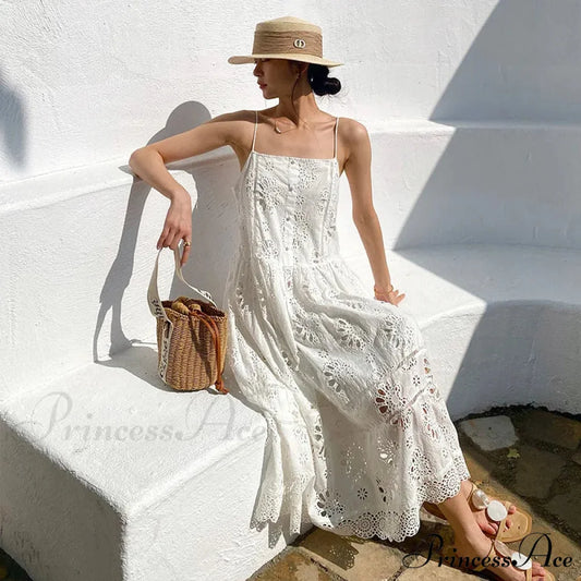 Ivory Lace Dress Cotton Floral Embroidery Strap Sleeveless Women Summer Dress Beige / S bohodress-250126
