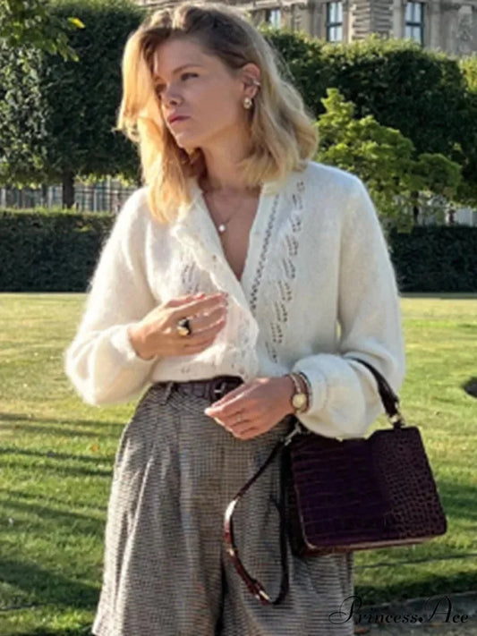 Ivory Lace Lapel Cardigan White / S cardigans-241228