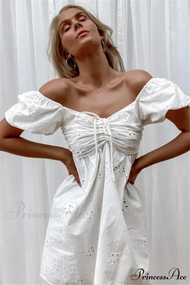 Ivory Lace Needlework V-neck Cotton Wrist Mini Boho Dress bohodress-250126