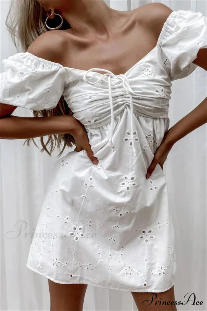 Ivory Lace Needlework V-neck Cotton Wrist Mini Boho Dress White / S bohodress-250126