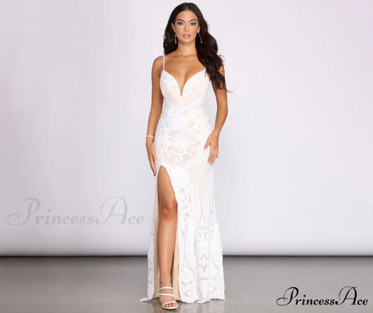 Jacie Formal Stylish Sequin Scroll Dress WHITE / S