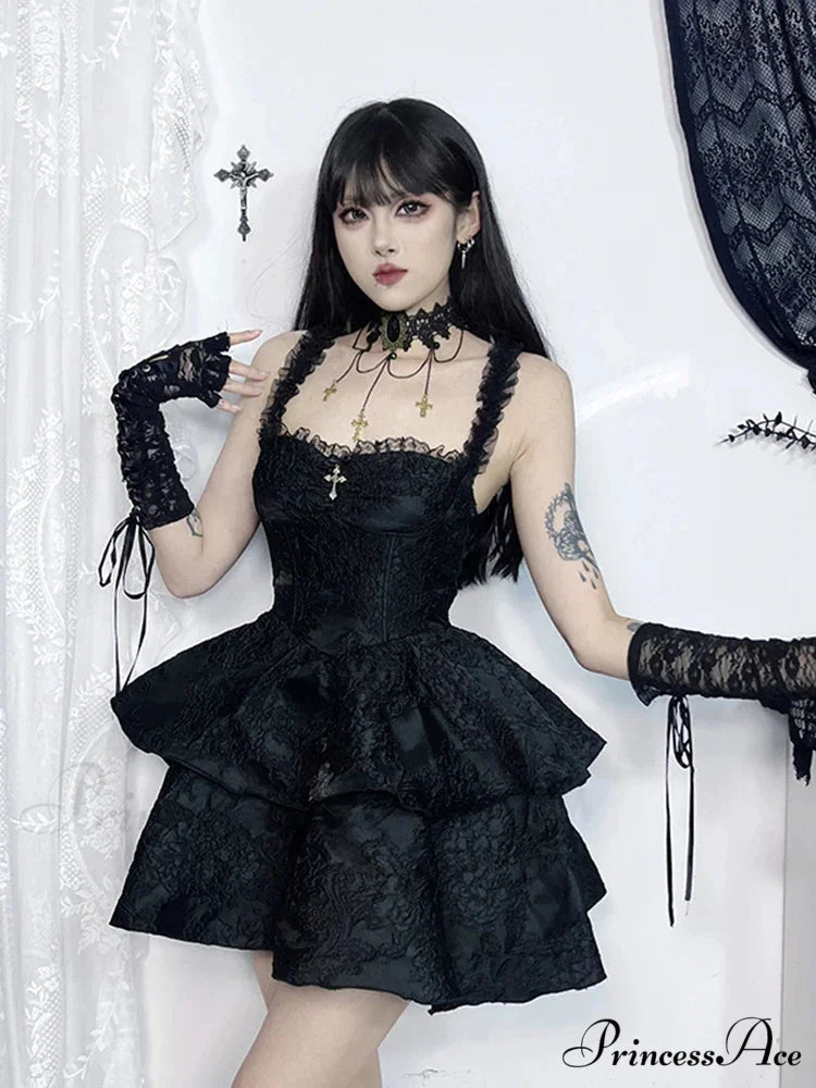 Jacquard Double Cake Suspender Vintage Lace Trim Backless A-Line Mini Sexy Club Cami Dress Black / XS