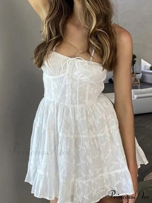 Jacquard Mesh Paneled Trendy White Mini Dress White / S