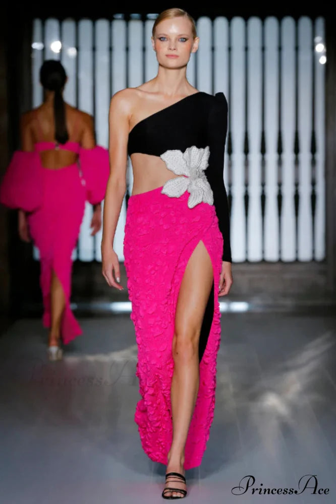 Jacquard One-Shoulder Stylish Flower Appliqu鑼?Dress