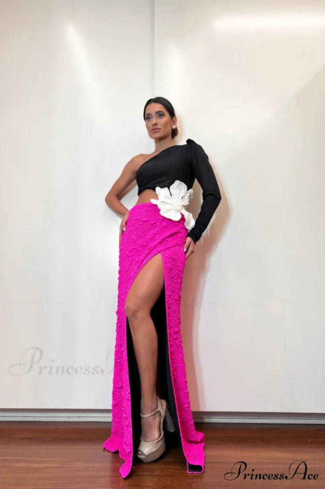 Jacquard One-Shoulder Stylish Flower Appliqu鑼?Dress