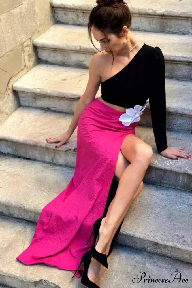 Jacquard One-Shoulder Stylish Flower Appliqu鑼?Dress
