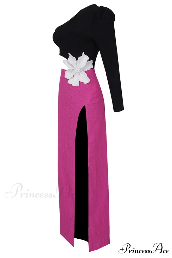 Jacquard One-Shoulder Stylish Flower Appliqu鑼?Dress