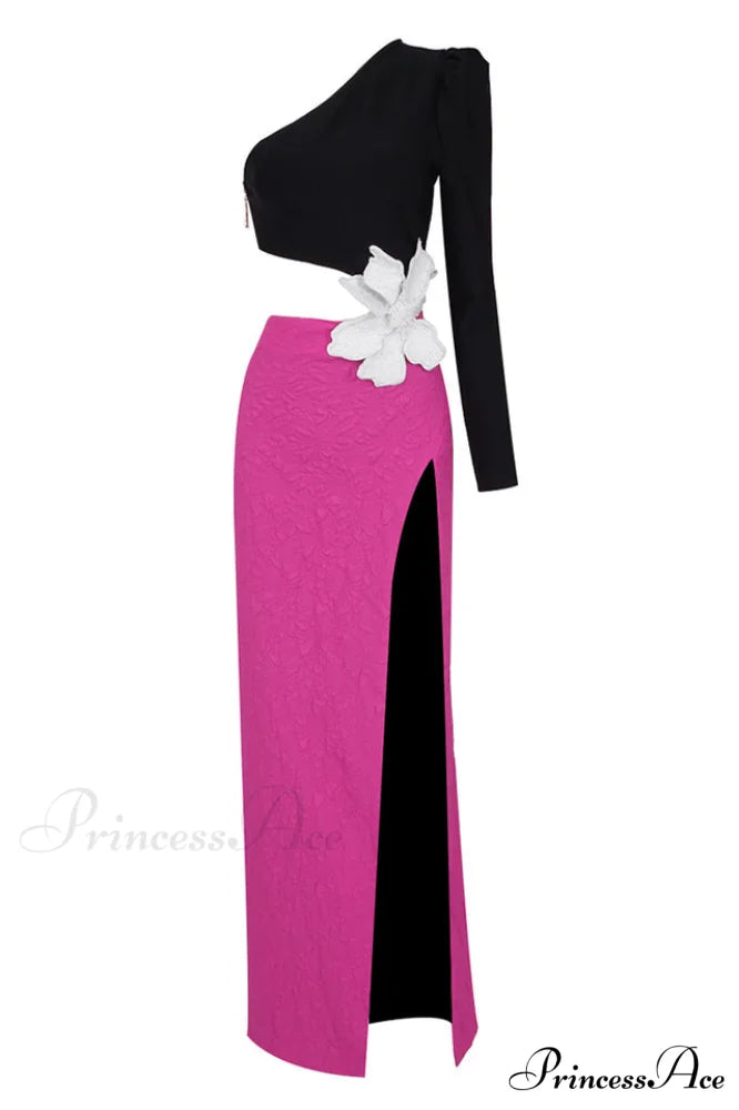 Jacquard One-Shoulder Stylish Flower Appliqu鑼?Dress XS / Black Pink