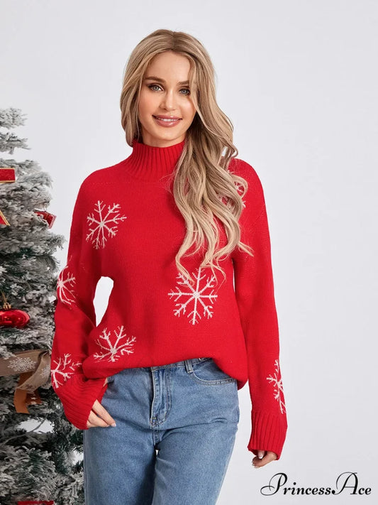 Jacquard Snowflake Long Sleeve TurtleNeck Loose Knit Christmas Sweater Red / S