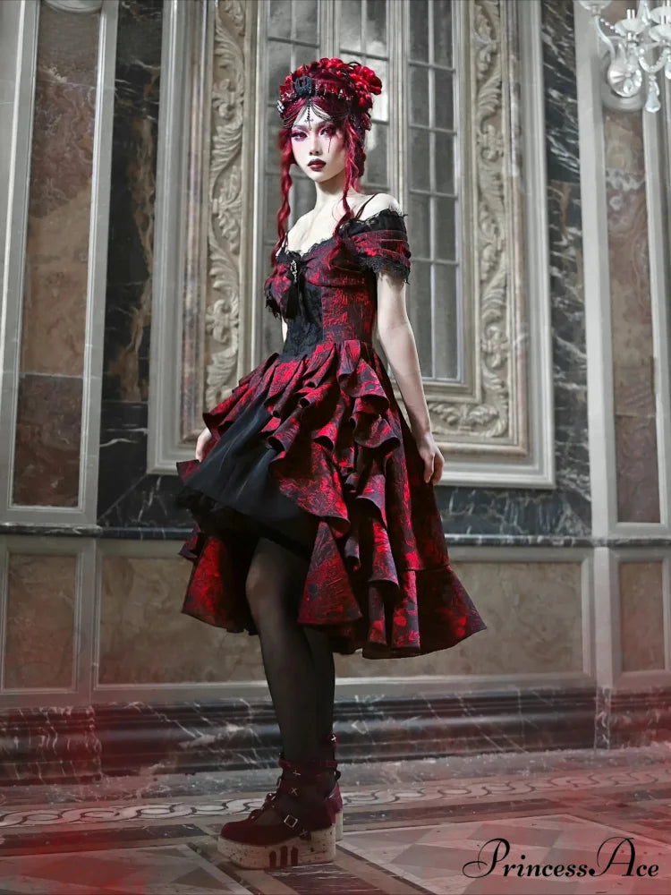 Japanese Gothic Style Red Black Halloween Off-Shoulder Court Wave Autumn Dark High-Waist Lolita Party Dress