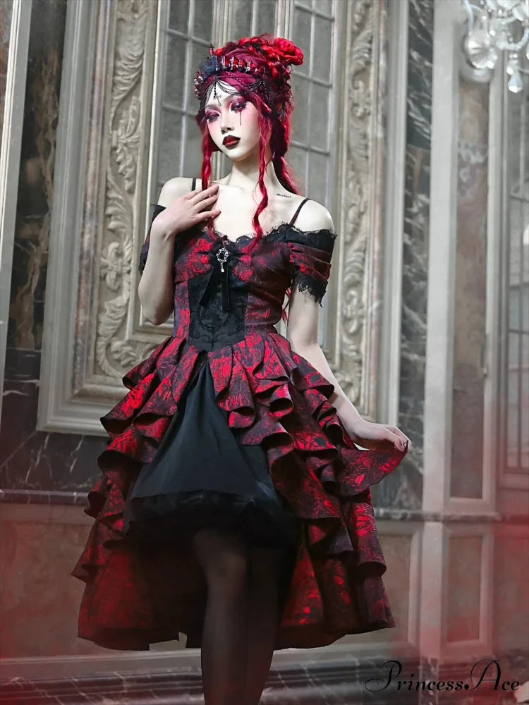 Japanese Gothic Style Red Black Halloween Off-Shoulder Court Wave Autumn Dark High-Waist Lolita Party Dress