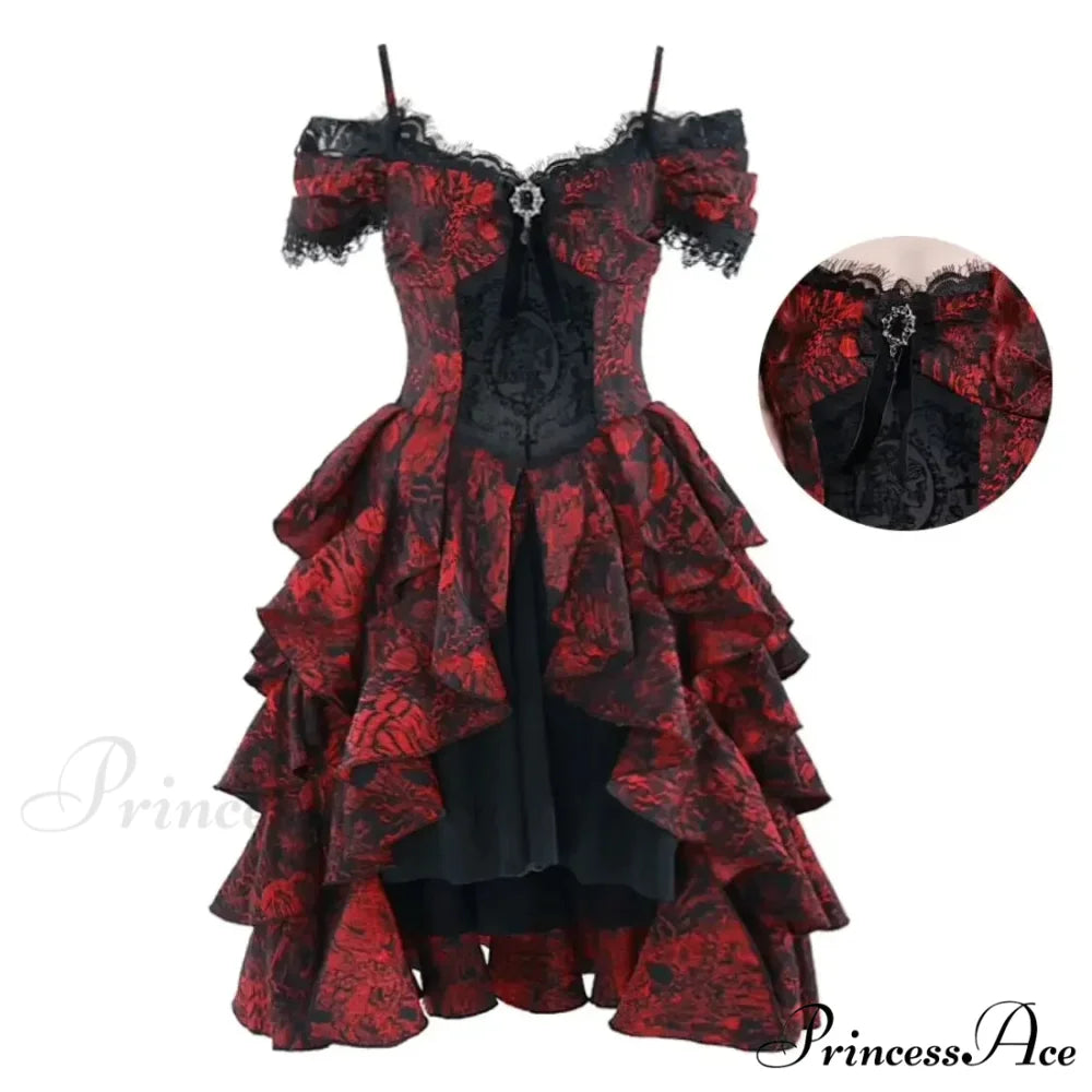 Japanese Gothic Style Red Black Halloween Off-Shoulder Court Wave Autumn Dark High-Waist Lolita Party Dress dress lace