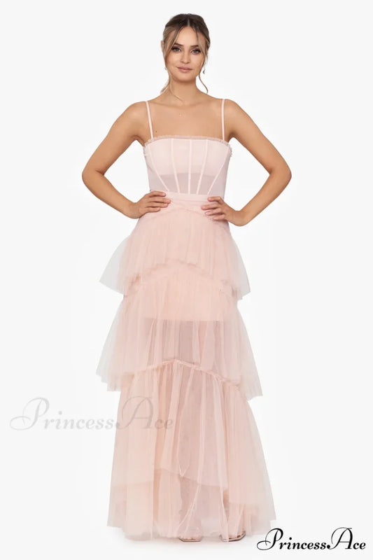 Jasmine Long Spaghetti Charming Strap Mesh Corset Gown XS / Blush