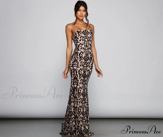 Jasmine One-Shoulder Stylish Sequin Mermaid Dress NUDE / S