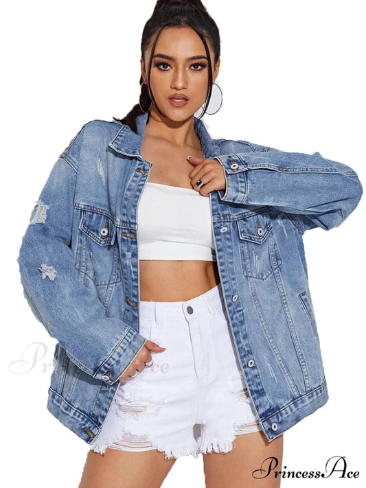 Jean Button Down Long Sleeve Denim With Pockets Jacket SKY BLUE / XS