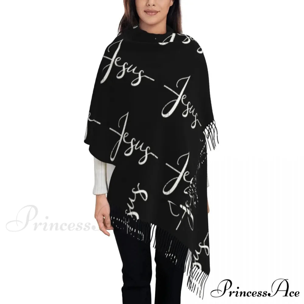 Jesus Saved My Life Warm Winter Christian Faith Shawl Wrap Scarf BLACK 4 / 72x197cm