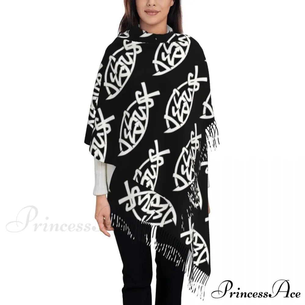 Jesus Saved My Life Warm Winter Christian Faith Shawl Wrap Scarf BLACK 9 / 72x197cm