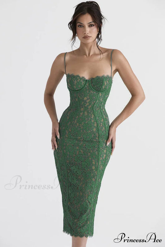Joelle Forest Stylish Lace Midi Dress XS / Green