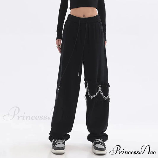 Joined Chain Stretchy Waist Trousers Black / M (46-55kg) pants-241228