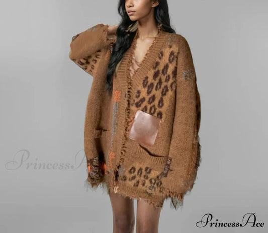 Joined Panther Baggy Knit Cardigan Chocolate Color / One Size cardigans-241228