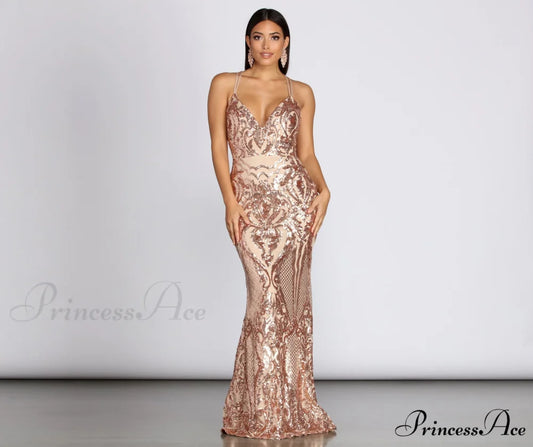 Julieanne Formal Stylish Sequin Scroll Dress ROSE GOLD / S