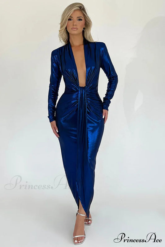 Juliette Metallic Stylish Tie Front Dress S / Blue Metallic