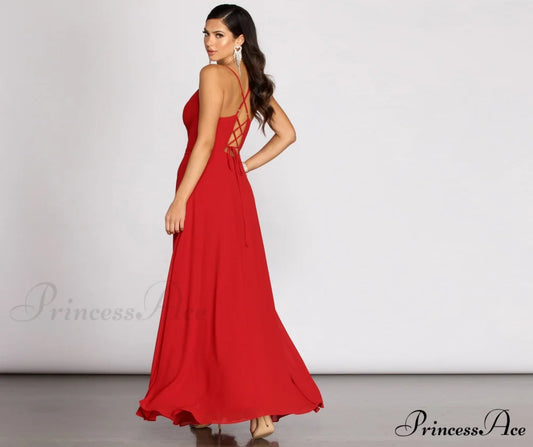 Kai Chiffon Lace Charming Up Back A-Line Dress RED / 3