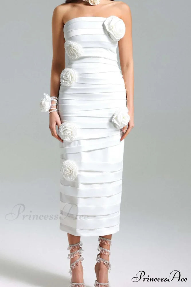 Kaisley Pleat 3D Charming Floral Bustier Dress XS / White