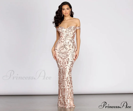 Karleen Sequin Stylish Off Shoulder Dress ROSE GOLD / S