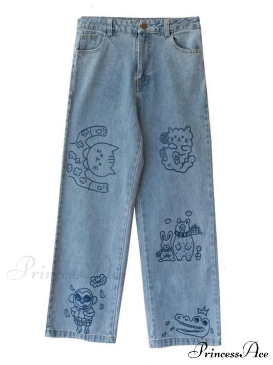 Kawaii Cute Cat Print Jeans
