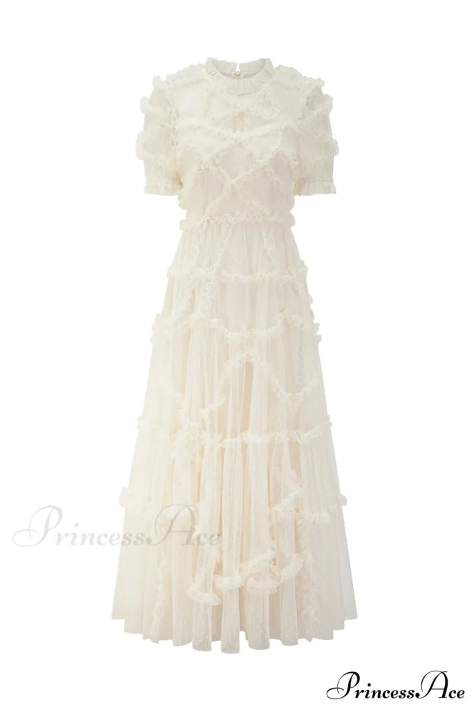 Kinley Ruched Ruffle Charming Hem Maxi Dress S / Ivory