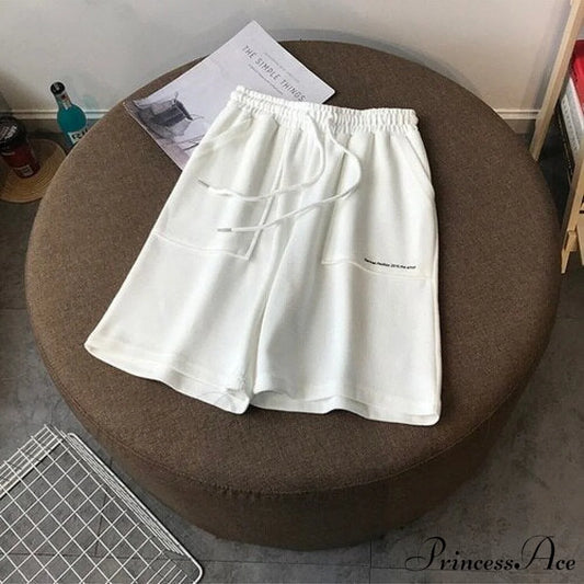 Knee Length Pants Drawstring Korean Shorts White / M(40-50kg)