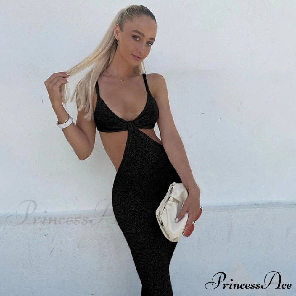 Knit Cut Out Charming Bralette Maxi Dress Black / L