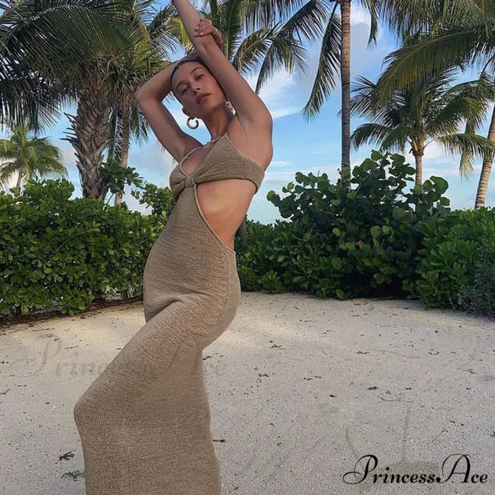 Knit Cut Out Charming Bralette Maxi Dress Khaki / L