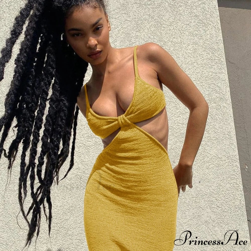 Knit Cut Out Charming Bralette Maxi Dress Yellow / L