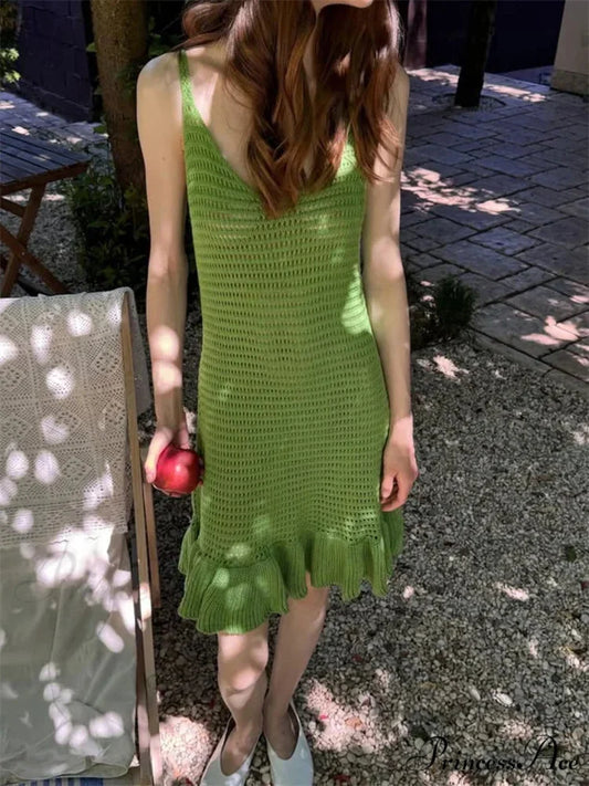 Knit Empty-Out V-Neck Mini Dress Green / One Size minidress-250223