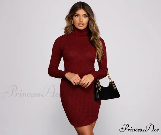 Knit Girl Stylish Turtleneck Mini Dress BURGUNDY / XS