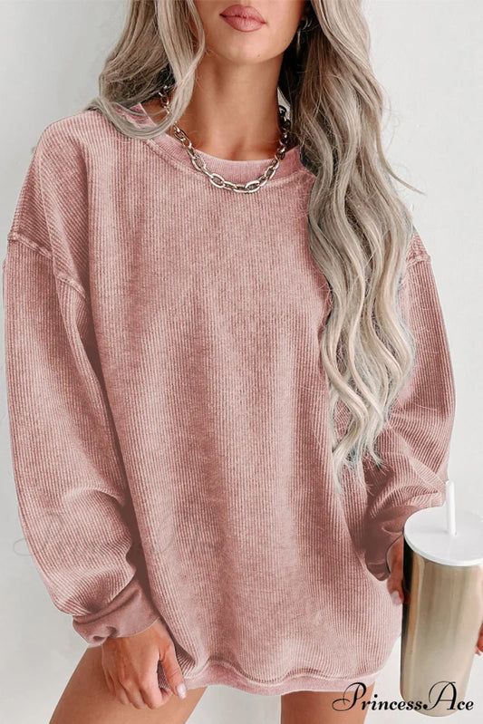 Knit Neck Pullover Ribbed Pink Round Sweatshirt Pink / S / 100% Polyester